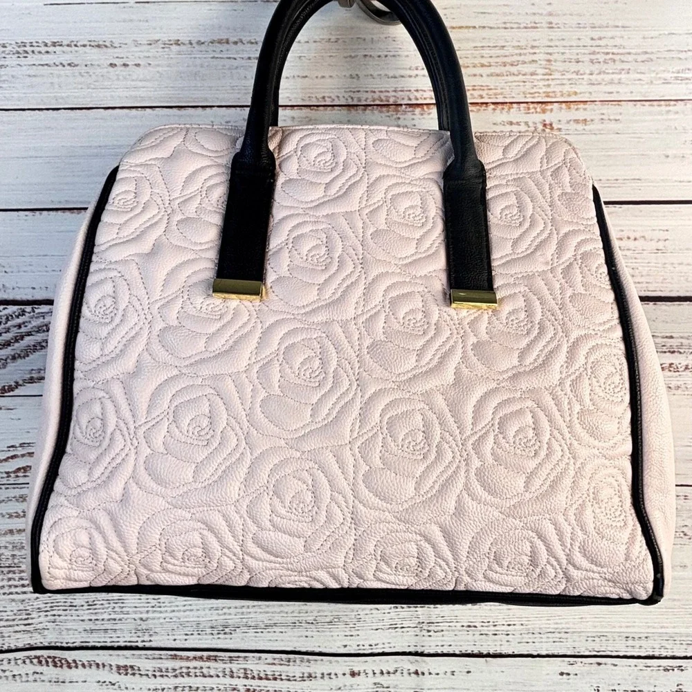 Betsey Johnson Pink Quilted‎ Rose Satchel Bag with Large Striped Bow Fairy Goth